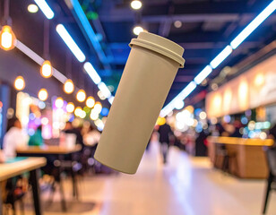 Floating travel coffee tumbler blurred modern cafe neon lights tech savvy life reusable cup stainless steel insulated eco friendly urban nightlife vibe barista takeaway beverage lid minimal