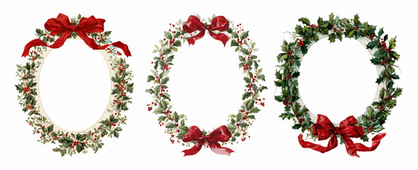 Watercolor vintage Christmas borders. Frames of holly branches decorated with holly berries and red bow. Frames for Christmas and New Year designs. Vector illustration.