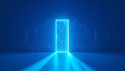 Abstract digital open door in future. Technology portal with bright neon light. Low poly futuristic door in tech blue. Opportunity concept on dark background Wireframe polygonal vector illustration ai