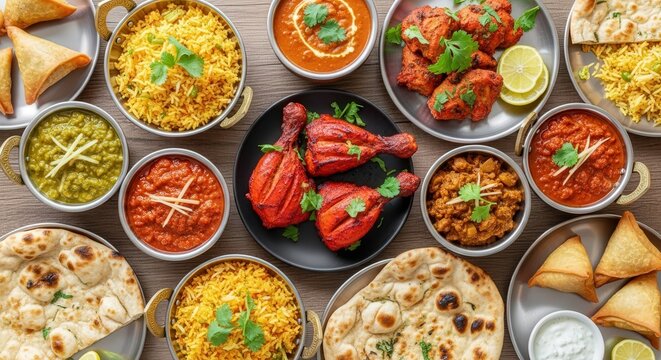 Indian food dishes platter Chicken Tikka Masala Naan rice Curry restaurant 