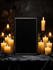 A serene candlelit arrangement with a blank frame set on a dark tablecloth in a quiet, dimly lit environment during the evening hours