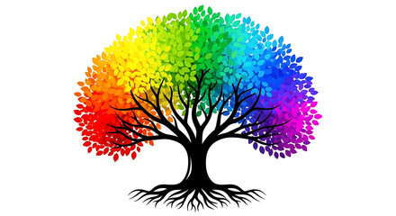 Fototapeta premium Stylized black tree with roots, its canopy filled with vibrant rainbowcolored leaves, isolated on white background
