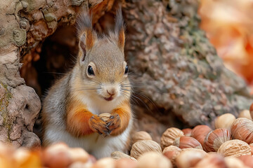 Obraz premium Squirrel with full cheeks sits among nuts in forest, showcasing its busy nature. scene is vibrant with autumn colors, highlighting squirrel fluffy fur and lively expression