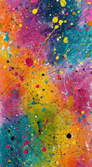 Bright and colorful abstract art featuring vibrant splashes and dots on a textured canvas background in a lively mix of colors