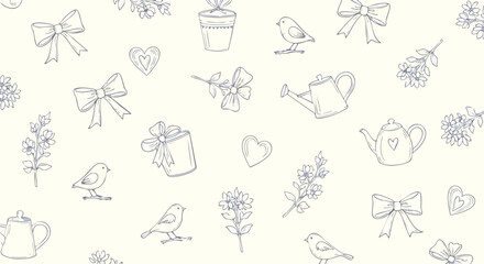 Charming hand-drawn pattern featuring birds, flowers, and bows creates a whimsical, cheerful, and delightful design perfect for spring projects