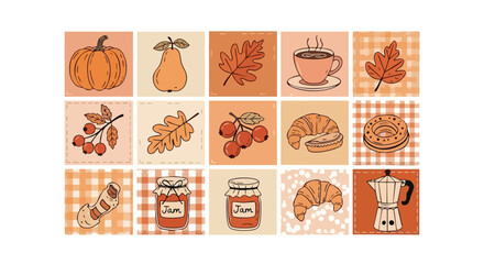 Cozy autumn icons showcasing seasonal treats like pumpkins, pears, croissants, jam jars, coffee, and berries, perfect for festive designs.