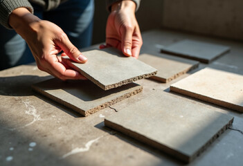 Hands of a young Asian man arranging concrete tiles on a work surface. The scene showcases a construction or renovation project with various tile pieces.