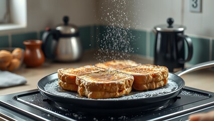 Close-up of powdered sugar being sprinkled onto golden-brown french toast cooking in a frying pan.