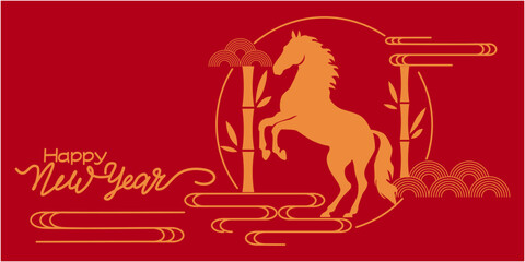 Chinese new year illustration decoration with horses and traditional pattern. 2026 Chinese new year. Asia design banner. Vector illustration.