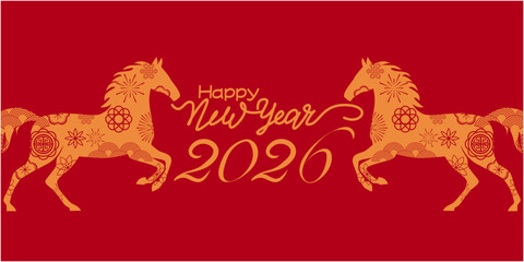 Chinese new year illustration decoration with horses and traditional pattern. 2026 Chinese new year. Asia design banner. Vector illustration.