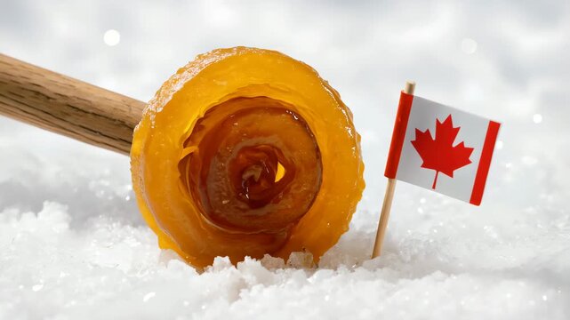 Cinematic video of Canadian maple taffy on snow with a small Canadian flag and shimmering light reflections symbolizing traditional winter dessert and cultural heritage in Canada