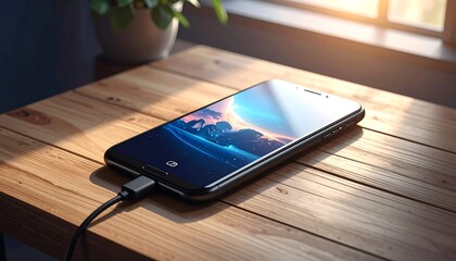A sleek black smartphone rests on a wooden table, showcasing a captivating landscape image on its screen, illuminated by natural light.