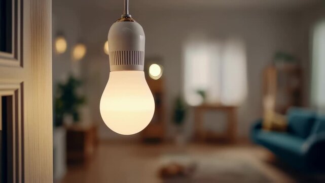 Focused medium shot of a voiceactivated LED bulb responding to verbal commands surrounded by a softly unfocused room setting highlighting smart home convenience.