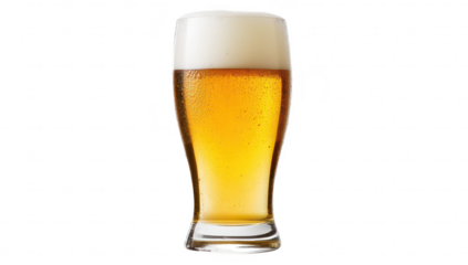 A refreshing glass of golden lager beer filled to the brim. with frothy foam on top. set against a clean white background. ideal for beverage advertisements or culinary blogs