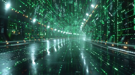 Futuristic tunnel with digital rain and glowing lights