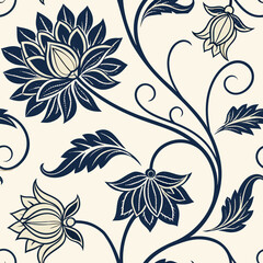 Fototapeta premium Floral Elegance: Exquisite floral design in navy and ivory hues, showcasing intricate petals and graceful stems. A seamless repeating pattern perfect for backgrounds and surface design.
