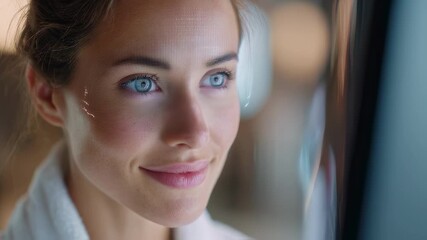Medium shot showing a user virtually trying on different skincare treatments through a smart mirror with the face and digital overlay sharply in focus and surroundings softly out - Powered by Adobe