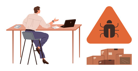 Man seated at desk with laptop, gesturing toward warning sign symbolizing pest threat near boxes. Ideal for pest control, workplace safety, risk management, logistics, warehouse management, health