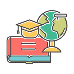 Education Icon: A visually appealing illustration of essential education elements, including a book, graduation cap, and globe, all harmoniously arranged. 