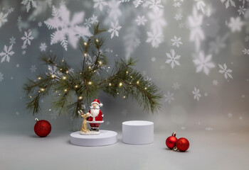 Christmas-themed catwalk backdrop for branding and product presentation, Santa Claus, Christmas trees, snowflakes