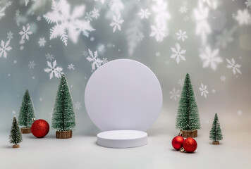 minimalistic Christmas-themed catwalk backdrop for branding and product presentation, snowflakes, Christmas trees and red balloons