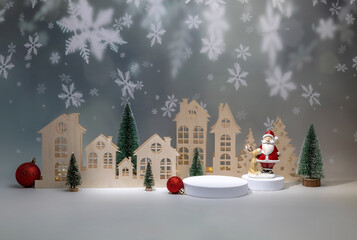 Christmas-themed catwalk backdrop for branding and product presentation, Christmas village, Santa Claus, Christmas trees, snowflakes