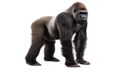 A majestic gorilla stands confidently in a neutral setting. its powerful physique and expressive face. symbolizing strength and resilience in wildlife conservation efforts