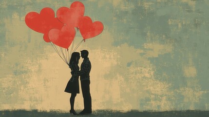 Couple Embracing with Heart Balloons