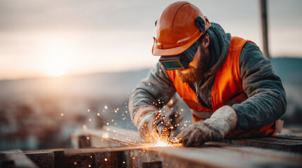 Skilled worker welding metal on a construction site during sunset in a vibrant urban landscape