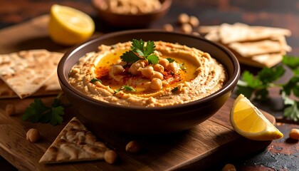 Creamy Hummus with Pita Bread and Lemon, garnished with chickpeas and parsley.
