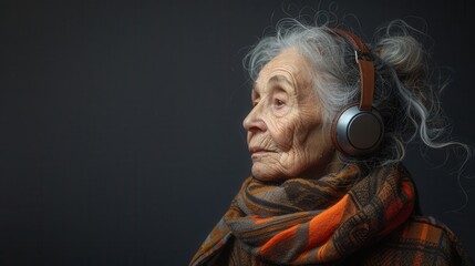 Elderly woman listening to music with headphones