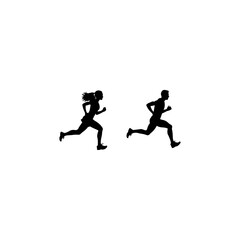Running man and woman silhouette vector set, jogging pose illustration, fitness runner graphic clipart, athletic exercise movement, male workout design art 