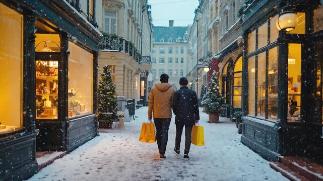Winter scene of two people Christmas shopping on a snowy street lined with festively decorated shops, carrying shopping bs. Snowflakes fall gently as shops glow warmly. Video made using Generative AI.