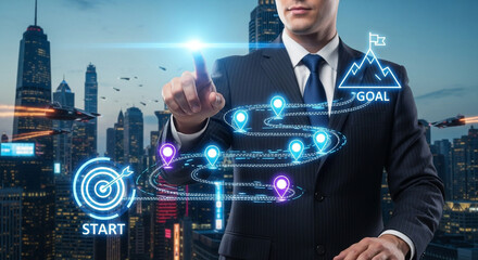 Navigating the path to success A businessman charts the course to achieve corporate goals with futuristic technology