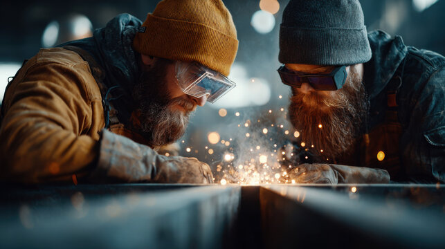 Two skilled workers welding metal pieces in a workshop during evening hours, sparks flying in the air, showcasing their focus and expertise