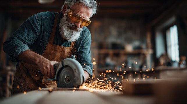 Elderly craftsman uses circular saw in woodworking shop while sparks fly from the cutting process during daytime