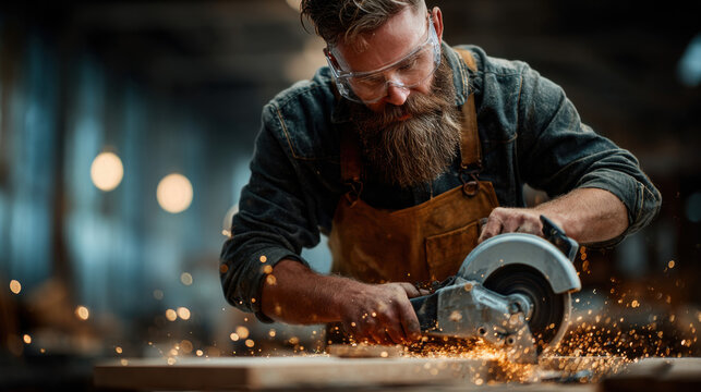 Craftsman using a cutting tool in a workshop while sparks fly around in the evening light