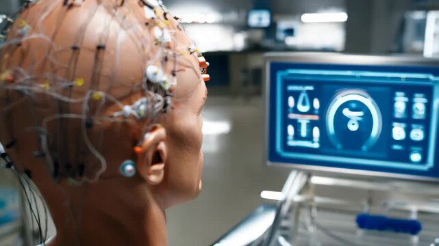 Person with neural interface sensors connected to head, concept of brain research, artificial intelligence and future technology. Electrodes attached to human scalp for neuroscience experiment,