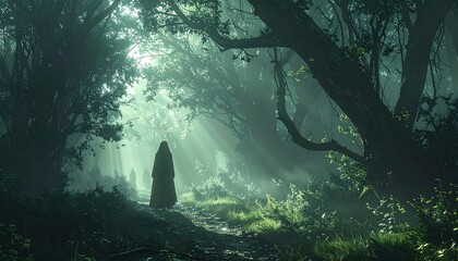 Mysterious figure in a dark, misty forest