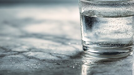 condensation. A close-up of a clear water glass with condensation on a sleek marble surface, reflecting light in a minimalist setting. bar promotions.