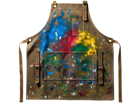 Canvas artist apron covered in colorful paint splatters on a transparent background