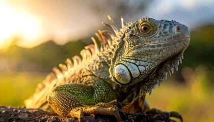 Close-up iguana in sunset light