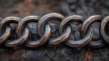 Close-up of a rustic metal chain resting on charred wood.
