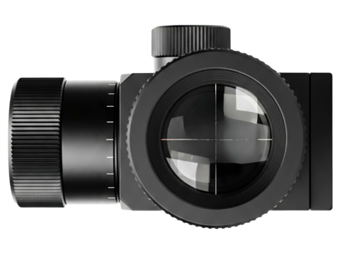 View through a black tactical rifle scope with crosshairs on a transparent background
