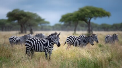 Obraz premium A herd of zebras grazes in a dry savannah landscape under a cloudy sky
