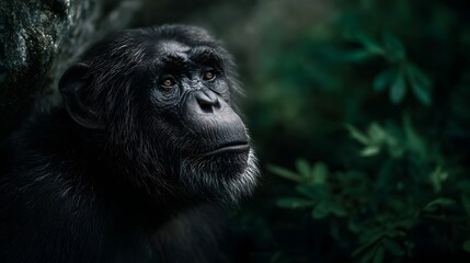 Obraz premium A thoughtful chimpanzee gazes into the distance set against a lush dark forest background with soft light
