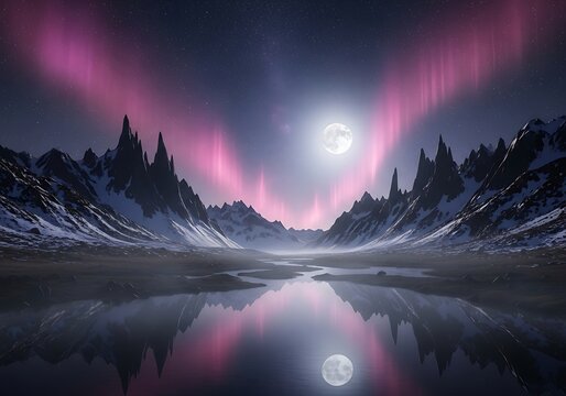 Stunning full moon illuminates snowy mountains with vibrant aurora borealis reflected in calm lake