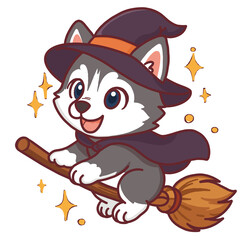 Cute Siberian Husky Wizard Riding Magic Broom Halloween Illustration