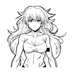 Black and white hot anime character line art illustration, stylish minimal outline drawing in clean style