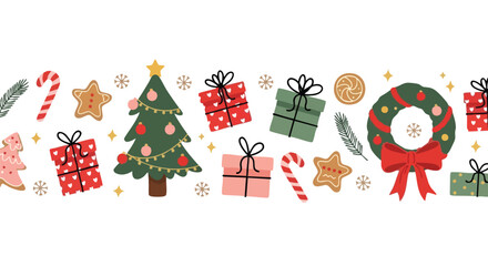 Delightful Christmas border featuring festive gifts, decorated tree, candy canes, gingerbread cookies, and a beautiful wreath with red bow.
